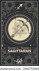 Zodiac sign Sagittarius on vintage vintage black vertical background, astrological symbols, date, constellation, modern horoscope chart. Mystical hand drawn vector illustration, calendar.