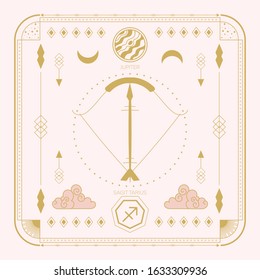 Zodiac sign - Sagittarius and its planet ruler Jupiter. Thin linear vector design.