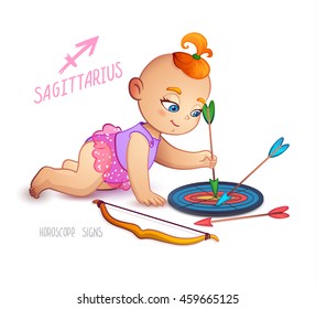 Zodiac sign SAGITTARIUS. Red head kid pokes a shot at a target. Horoscope. Little baby girl. Arrows, bow and target lie on the floor.