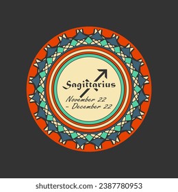 Zodiac sign Sagittarius in a round paterned frame. Icon, emblem on a black background. Vector illustration svg