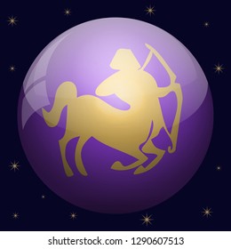 Zodiac sign Sagittarius in the sphere of purple. Isolated on black background with stars.