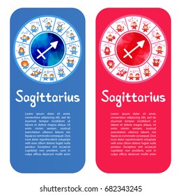 Zodiac sign Sagittarius. Template for banners or flyers. Blue variant for boys and pink variant for girls.