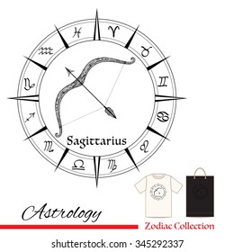 Zodiac sign Sagittarius. This illustration can be used as a greeting card or as a print on T-shirts and bags. Decorative, in zentangle style