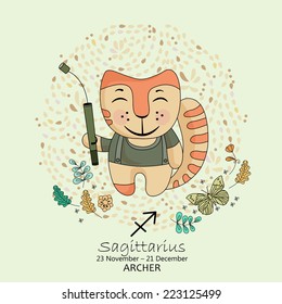 Zodiac sign - Sagittarius. Vector illustration. Background with flowers in retro style. Doodle hand-drawn style.