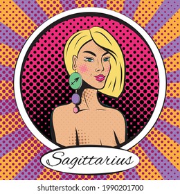 Zodiac sign Sagittarius woman. Pop art vector illustration. Line art, ideal for poster, print, postcard, colouring book.	
