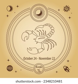 Signo de zodiaco Escorpio, signo de horoscopio astrológico. Dibujo de esquema en un círculo decorativo con símbolos astronómicos místicos. Vector