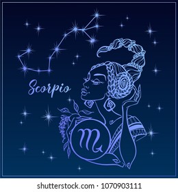 Zodiac sign Scorpio as a beautiful girl. The Constellation of Scorpio. Night sky.  Horoscope. Astrology. Victor