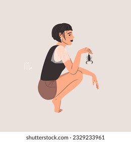 Zodiac sign Scorpio with beautiful woman and little scorpion animal, horoscope astrology symbol. Vector of zodiac astrology, female portrait with scorpio illustration