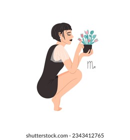 Zodiac sign Scorpio, beautiful woman with Venus-flytrap houseplant, horoscope astrology symbol. Vector of beautiful girl, horoscope and astrology illustration