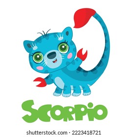zodiac sign scorpio, blue cat with a large number of paws and with a poisonous tail, year of the cat, isolated object on a white background, cartoon illustration, vector, eps