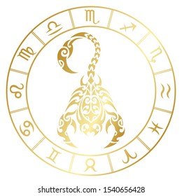 Zodiac sign scorpio and circle constellations in maori tattoo style. Gold on white background vector illustration isolated.