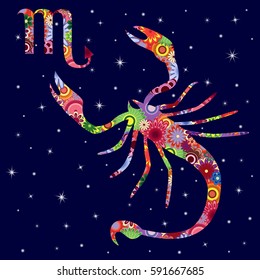 Zodiac sign Scorpio with colorful flowers fill on a background of the dark blue starry sky, vector illustration