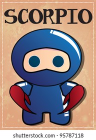 Zodiac sign Scorpio with cute black ninja character, vector