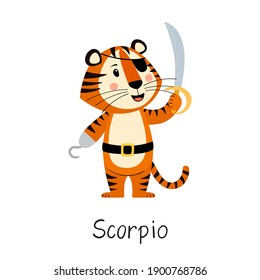 Zodiac sign Scorpio. Cute tiger in the image of a pirate. Concept of horoscope for 2022, year of tiger according to Chinese calendar. Vector stock flat hand-drawn illustration isolated on white