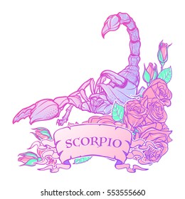 Zodiac sign Scorpio. Detailed realistic scorpio in a decorative frame of roses. Vector drawing isolated on white background. Concept art for tattoo design, horoscope, coloring book for adults page.