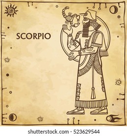  Zodiac sign Scorpio. Drawing based on motives of Sumerian art. Full growth. Background - imitation of old paper, space symbols. The place for the text. Vector illustration.