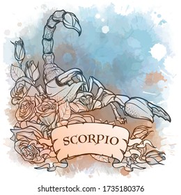 Zodiac sign of Scorpio, element of Water. Intricate linear drawing on watercolor textured background. Roses decorative garland. Square format. EPS10 vector illustration.