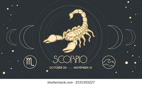 Signo del zodiaco Escorpio en estilo grabado dibujado a mano. Signo astrológico retro Plantilla de diseño Escorpión. Ilustración vectorial.