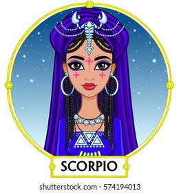 Zodiac sign Scorpio. Fantastic princess, animation portrait. Background - a frame, the night star sky. Vector illustration isolated on white.