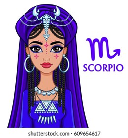 Zodiac sign Scorpio. Fantastic princess, animation portrait. Vector illustration isolated on a white background.