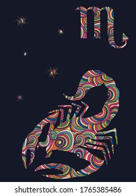 Zodiac sign Scorpio fill with colorful muted wavy shapes on the dark gray background with stars and astrological symbols, vector illustration
