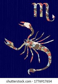 Zodiac sign Scorpio fill with colorful muted mosaic shapes on the dark blue background with symbols, vector illustration