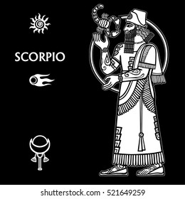  Zodiac sign Scorpio. Full growth. White drawing isolated on a black background, based on motives of Sumerian art. Vector illustration.