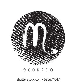 Zodiac sign Scorpio with grunge frame isolated on white background. Graphics element for flyers or banners.