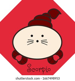 Zodiac sign Scorpio, hand drawn cute cartoon vector with cream rat/ seal/ otter/ sea lion/ scorpion with red tail and claws isolated on the light red background