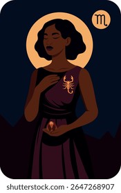 Símbolo zodíaco Escorpião. Horóscopos. Astrologia. Ilustração vetorial de uma mulher na imagem de Escorpião com um símbolo em seu vestido e um rubi ​ ​em suas mãos. Mistério, força, transformação, profundidade