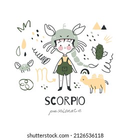 Ilustración del signo del zodiaco escorpio. Carácter de símbolo de horoscopio astrológico para los niños. Tarjeta colorida con elementos gráficos para el diseño. Vector dibujado a mano en estilo de caricatura con letras