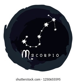 Zodiac sign Scorpio with ink grunge frame isolated on white background. Zodiac constellation. Design element for horoscope and astrological forecast.