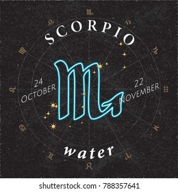 Zodiac Sign Scorpio Inverted Logo and Water Lettering with Scorpius Constellation Stars and Dates in Zodiac Circle - Gold and White Elements on Black Paper Background - Vector Mixed Graphic Design