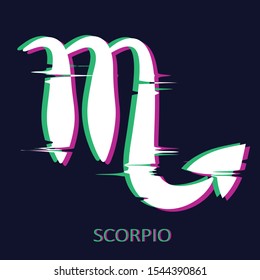 Zodiac sign Scorpio isolated on dark background. Glitch stereo effect. Zodiac constellation. Vector illustration for horoscope and astrological forecast.