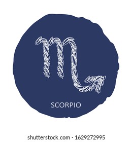 Zodiac sign Scorpio isolated on blue background. Zodiac constellation. Design element for horoscope and astrological forecast. Hand drawn style. Vector illustration.
