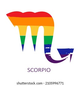 Zodiac sign Scorpio isolated on white background. Gay rainbow flag colors. Zodiac constellation. Design element for horoscope and astrological forecast. Vector illustration.