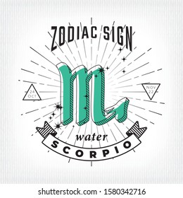 Zodiac Sign Scorpio Logo and Water Lettering with Scorpio Constellation Stars and Dates over Rays Circle - Black on White Striped Background - Vector Vintage Graphic Design