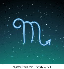 Señal de Zodiac Scorpio sobre el fondo del cielo estrellado. Símbolo vector brillante. El concepto de horóscopo, destino, constelaciones, astrología, esotérico. Ilustración del vector