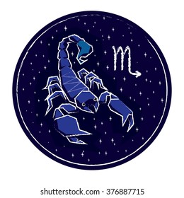 Zodiac sign Scorpio on night starry sky background in circle frame. Vector illustration.