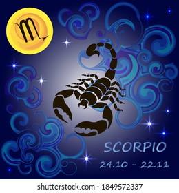 Zodiac sign Scorpio, placed on a dark blue background with decorative elements, moon and stars.