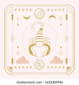 Zodiac sign - Scorpio and its planet ruler Pluto. Thin linear vector design.