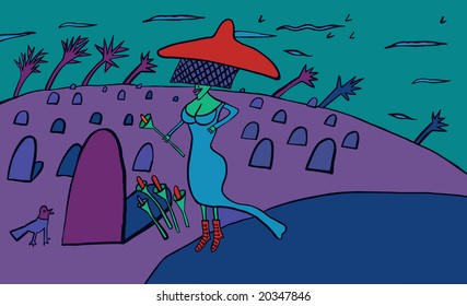 Zodiac sign Scorpio, presented by a widow standing near a fresh grave at the graveyard.