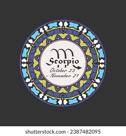 Zodiac sign Scorpio in a round paterned frame. Multi-colored icon, emblem on a black background. Vector illustration svg