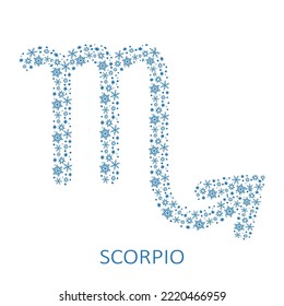 Zodiac sign Scorpio with snowflakes isolated on white background. New Year zodiac constellation. Design element for horoscope and astrological forecast. Vector illustration.