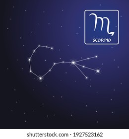 Zodiac sign Scorpio in the starry sky. Schematic representation of the zodiac sign with its name and symbol