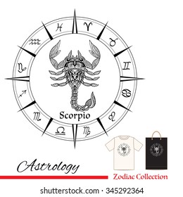 Zodiac sign Scorpio. This illustration can be used as a greeting card or as a print on T-shirts and bags. Decorative, in zentangle style