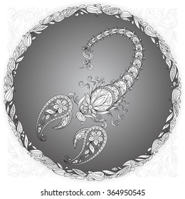 Zodiac sign Scorpio. This illustration can be used as a greeting card or as a print on T-shirts and bags,  tattoo art, coloring books. Decorative Henna Mehndi Tattoo Ethnic Zentangle Doodles style.