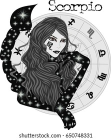 Zodiac sign Scorpio -  Vector illustration of the girl with long  hair -  Girl symbolizes the zodiac sign Scorpio 
