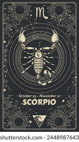 Zodiac sign Scorpio, vintage card with symbols and dates. Mystical black card with realistic hand drawing, astrology vector illustration, horoscope, fortune telling.