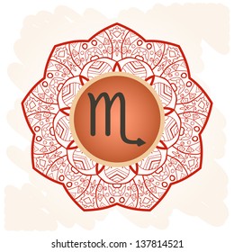 Zodiac sign Scorpio.  What is karma? Vector icon with zodiac signs on ornate seamless wallpaper. Oriental mandala motif lases pattern like mehndi paint in brown color.
